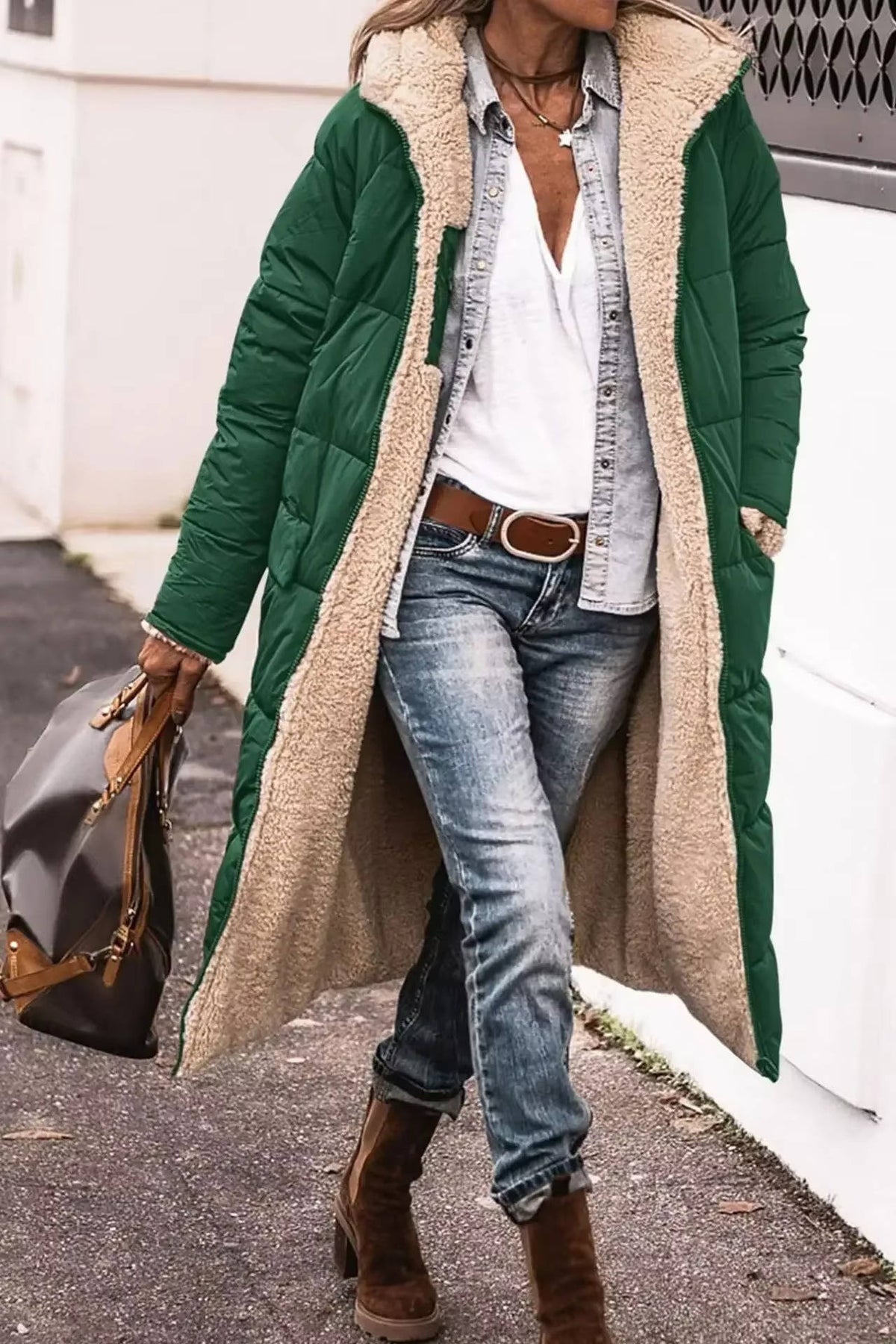 Women's long quilted hooded winter coat with cozy fleece lining, modern silhouette for layering