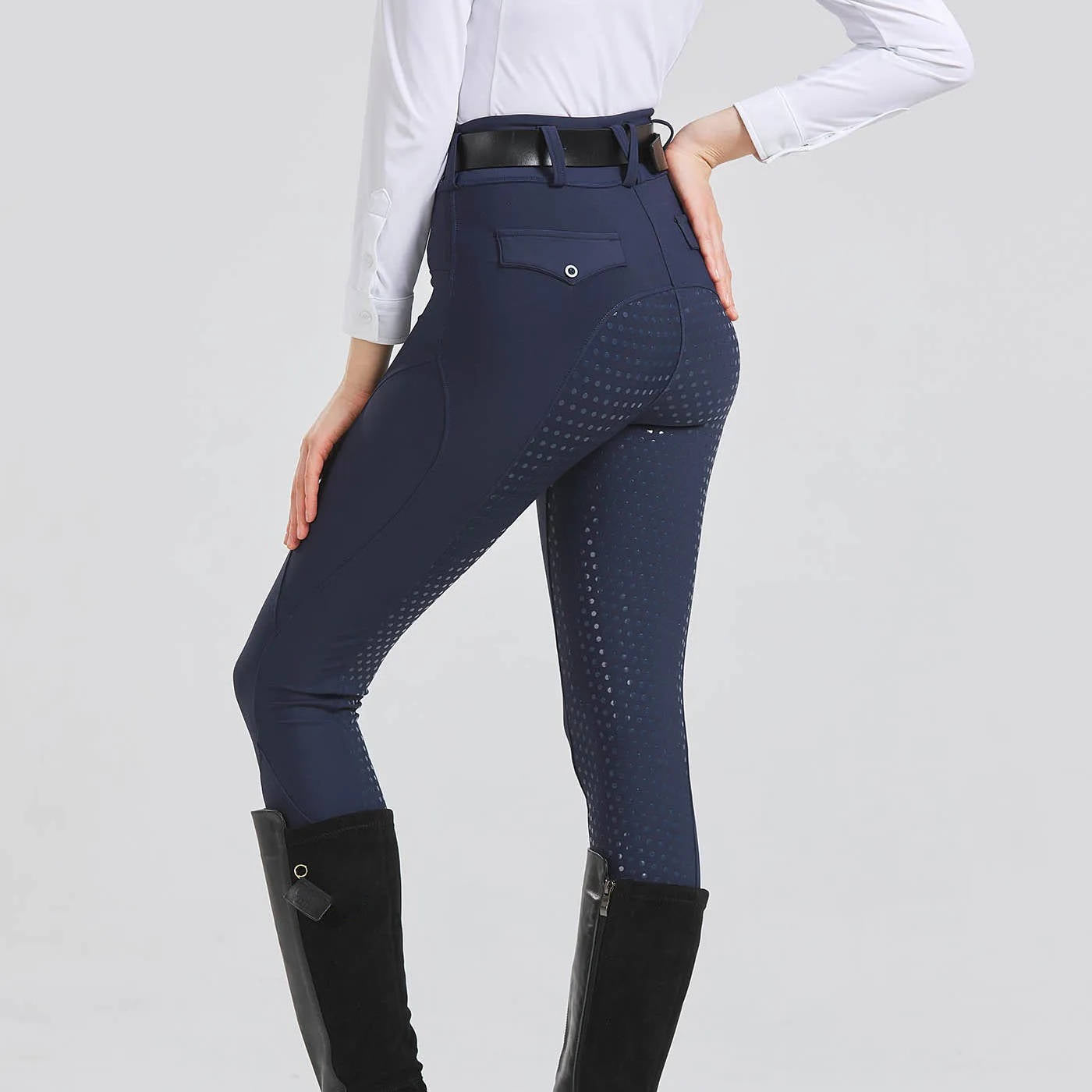 Women's equestrian riding pants with full silicone anti-slip saddle lock grip, streamlined fit