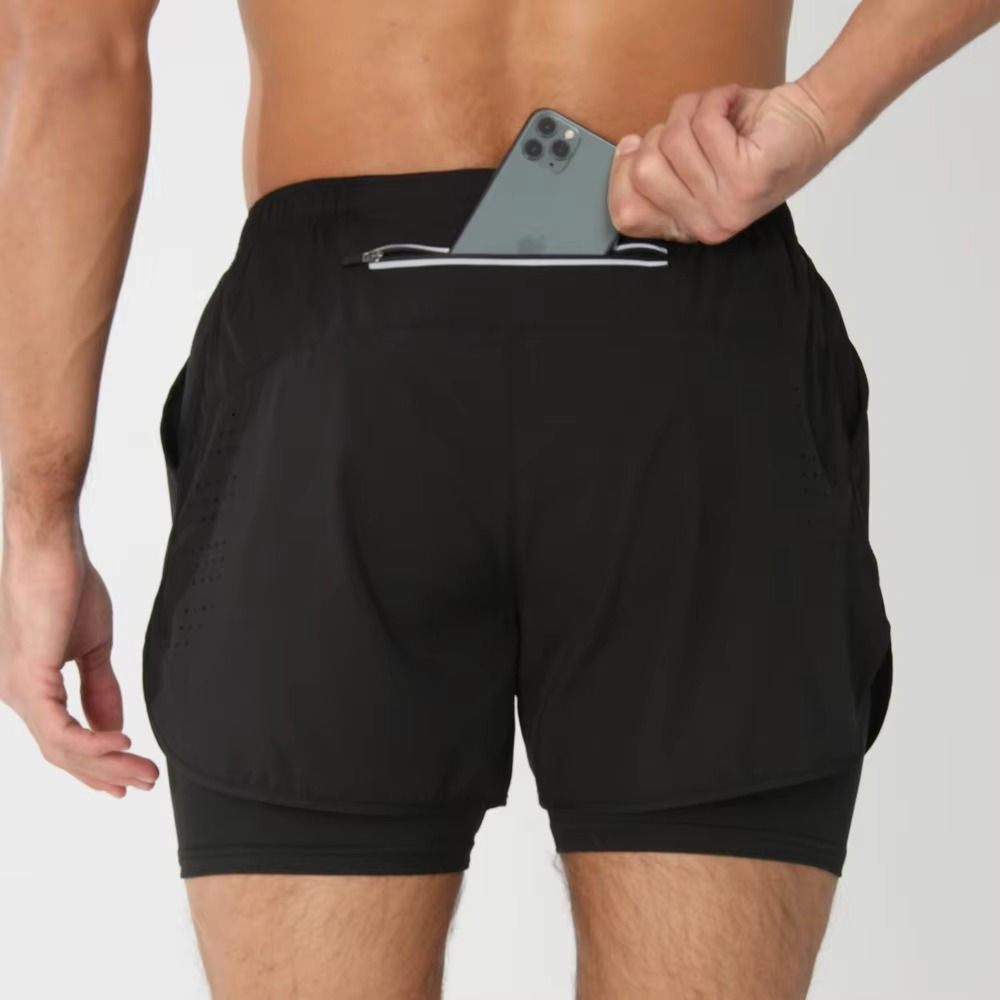Men's dual-layer training shorts with phone pocket, quick-dry supportive liner for gym swim run