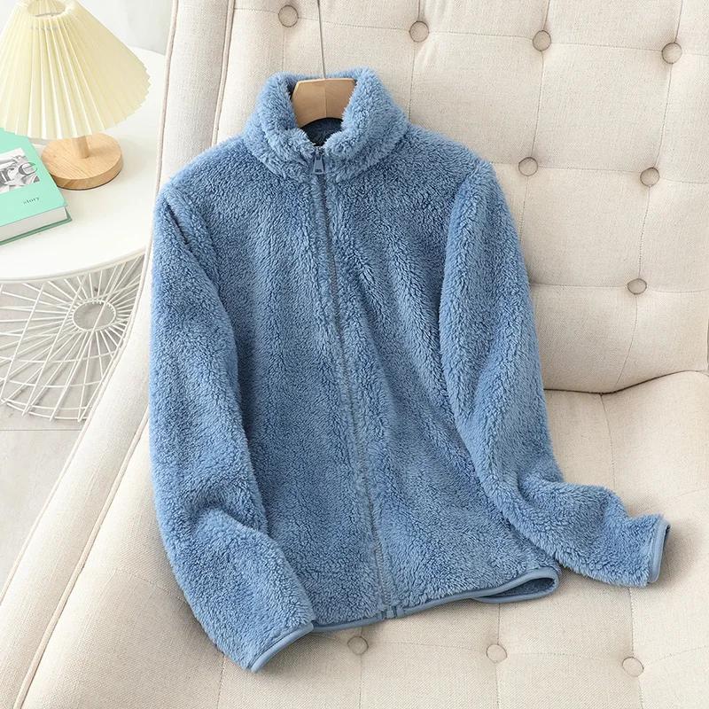 Women's reversible plush fleece jacket high neck zip-up relaxed fit winter layering piece