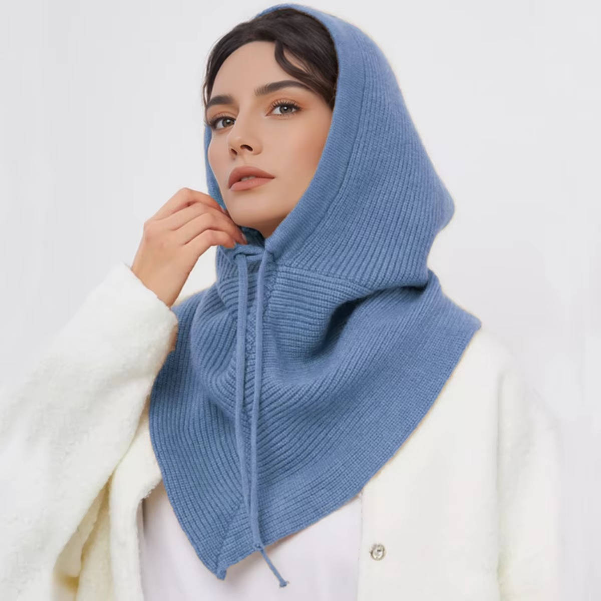 Beige Knit Hooded Hat Scarf for Winter Warmth With Cozy Neck Coverage and Drawstring Tie