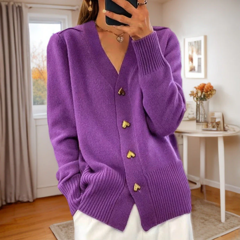 Beige wool-blend V-neck cardigan soft knit unisex cozy sweater with heart-shaped button details