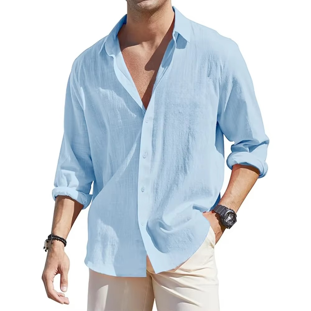Men's long sleeve linen button-down shirt relaxed fit breathable cotton-linen blend everyday casual style