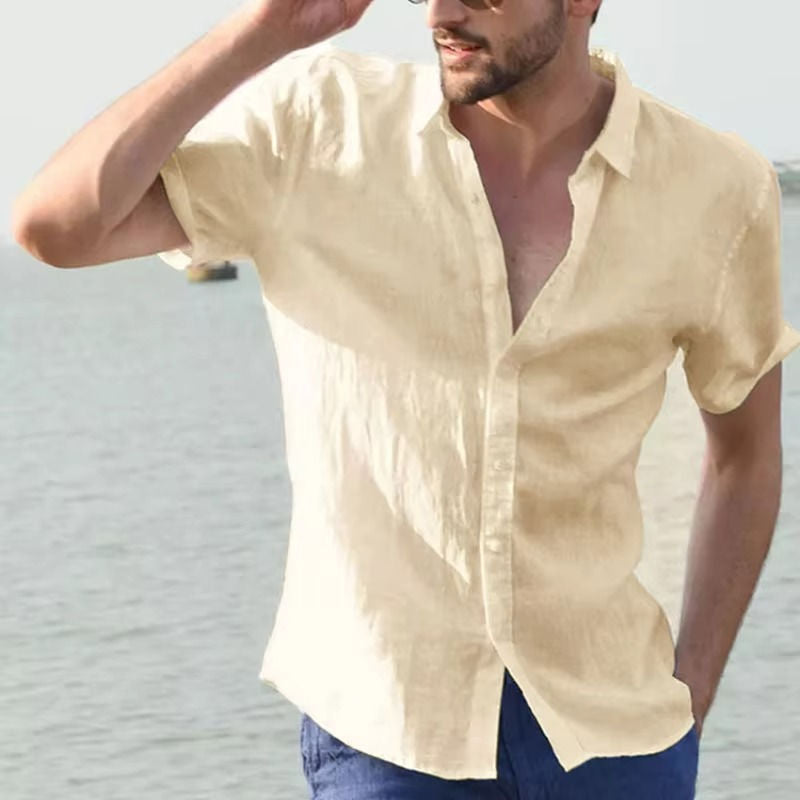 Men's light beige linen blend shirt relaxed fit moisture-wicking breathable summer office casual wear