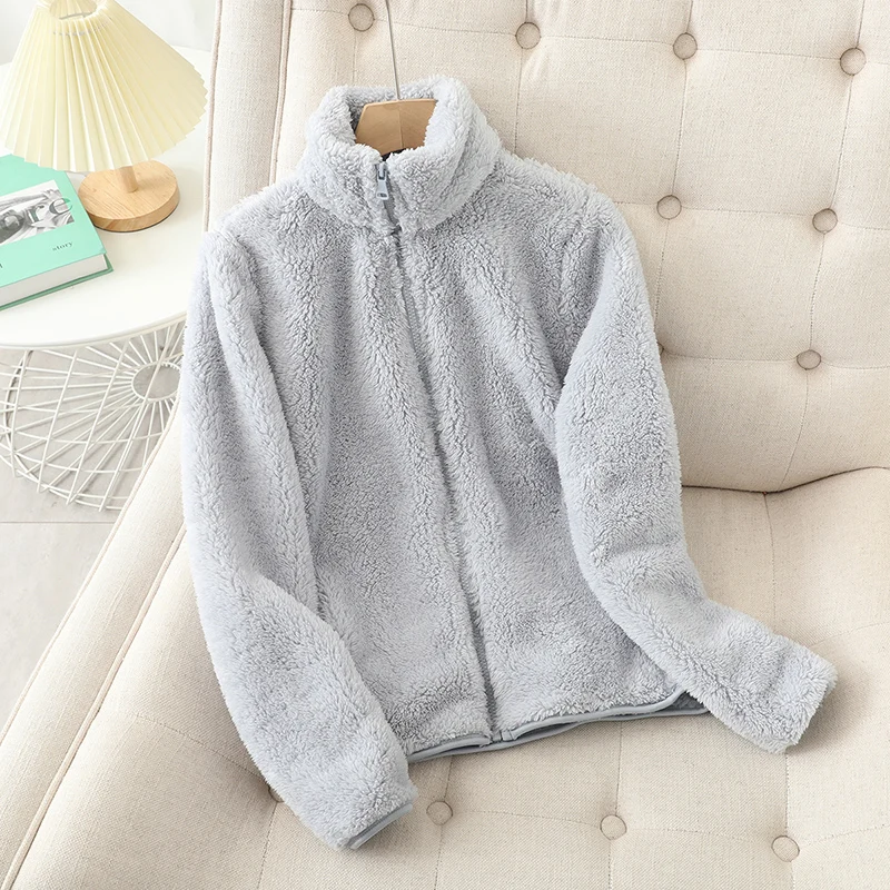 Women's reversible plush fleece jacket high neck zip-up relaxed fit winter wear dual-sided design