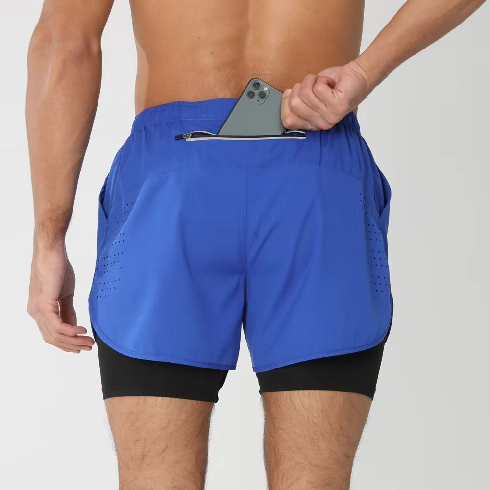Men's dual-layer gym shorts with phone pocket, quick-dry supportive liner for swim run training