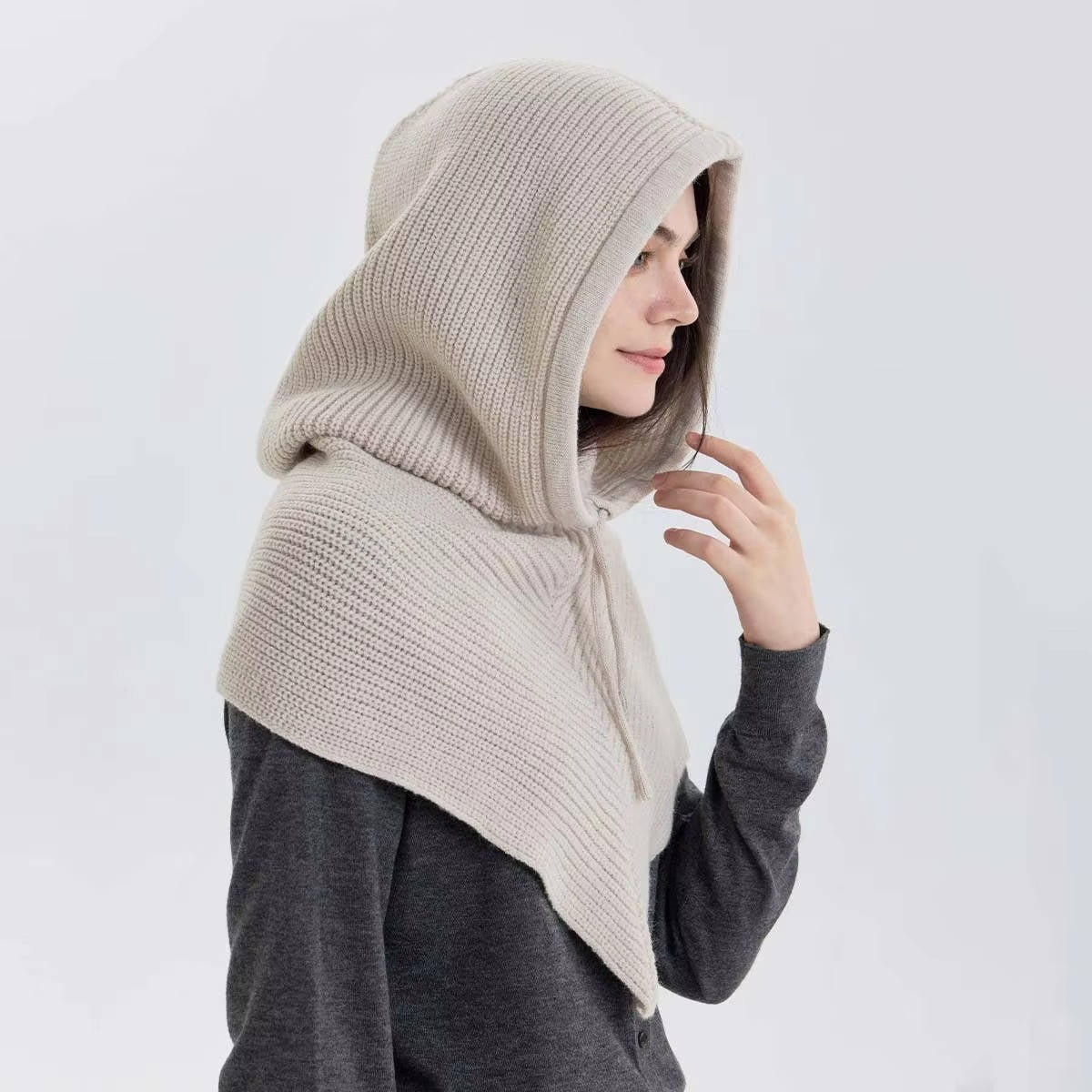 Beige Knit Hooded Hat Scarf for Winter Warmth With Cozy Neck Coverage and Drawstring Tie