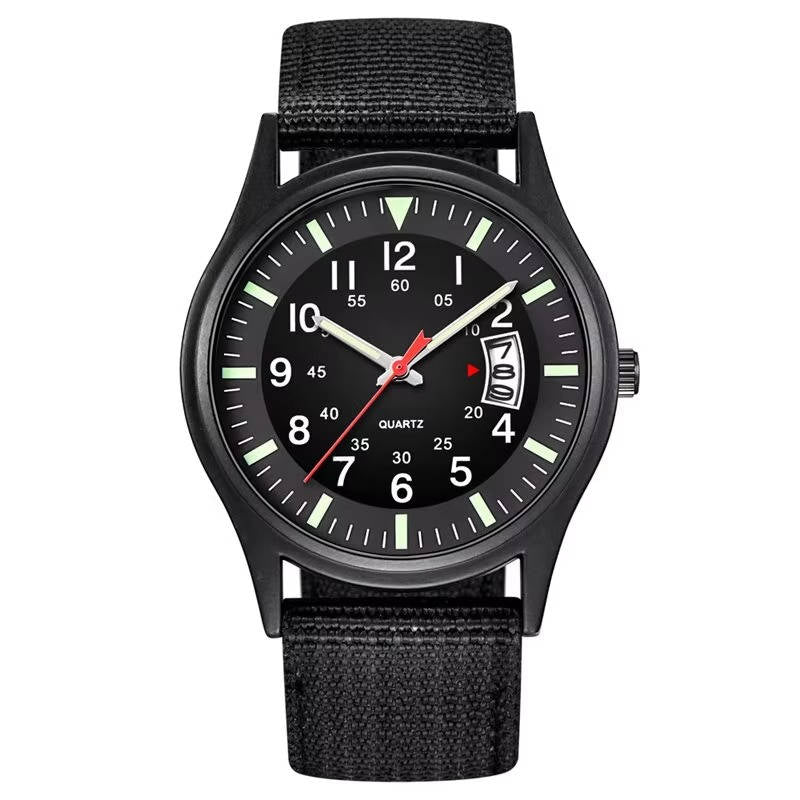 Tactical military quartz watch with durable nylon band, mineral glass face, rugged outdoor sport design