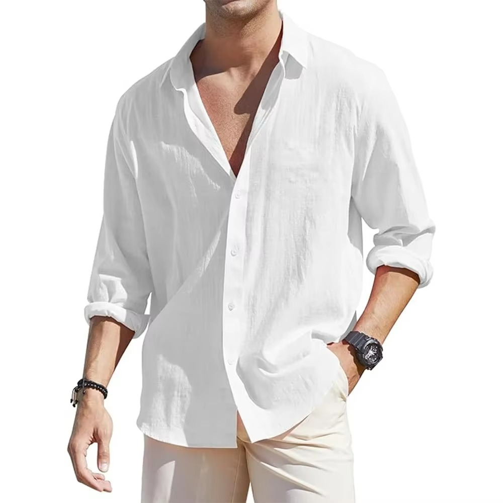 Men's long sleeve linen button-down shirt relaxed fit breathable cotton-linen blend everyday style
