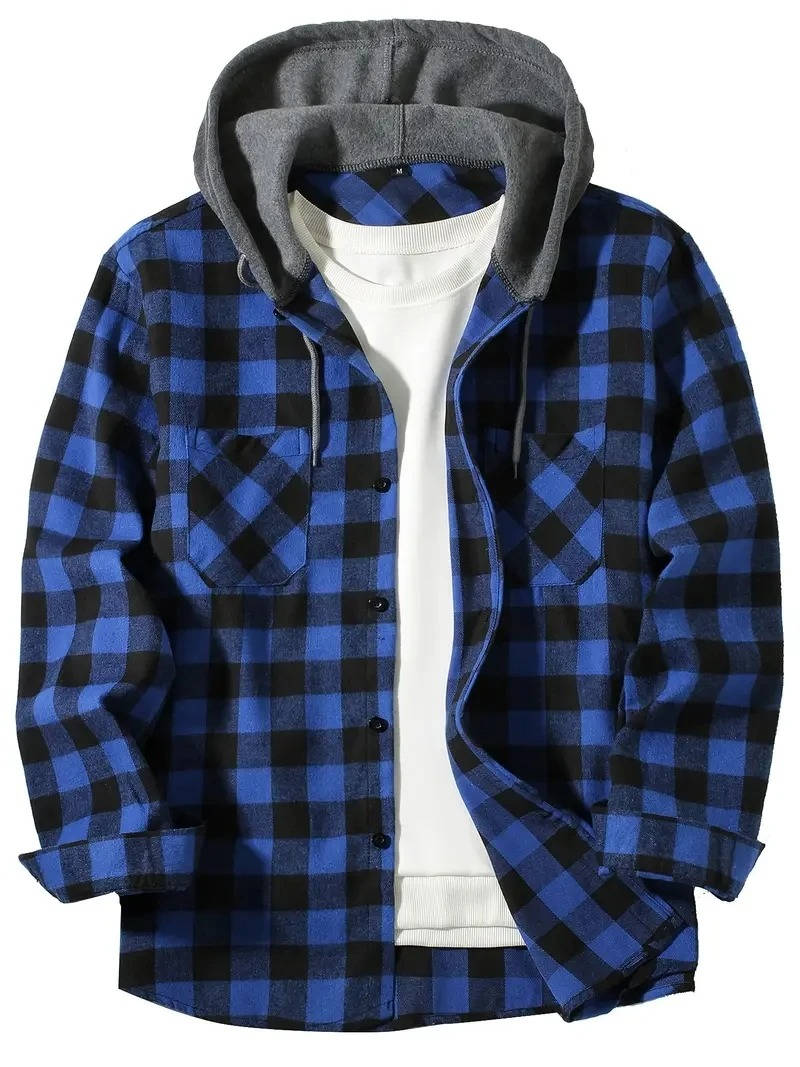 Men's red black buffalo plaid flannel shirt with fleece-lined adjustable hood, casual everyday style