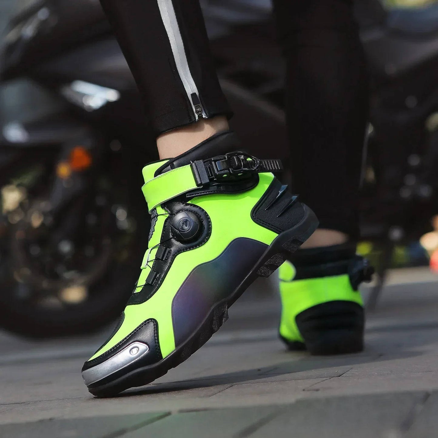 Black motorcycle sneakers with reinforced toe, heel, ankle protection and padded collar for men and women