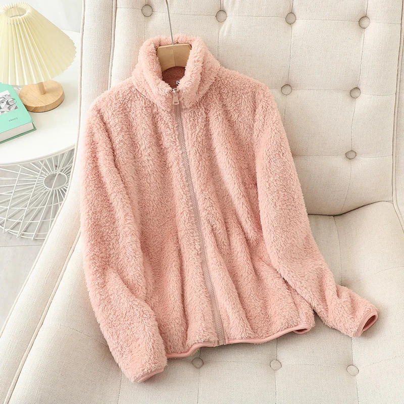 Women's reversible plush fleece jacket high neck zip-up relaxed fit winter wear dual-sided design
