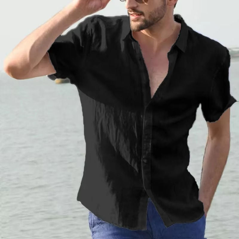 Men's light breathable linen shirt in neutral tone, slim office casual cut with moisture-wicking fabric