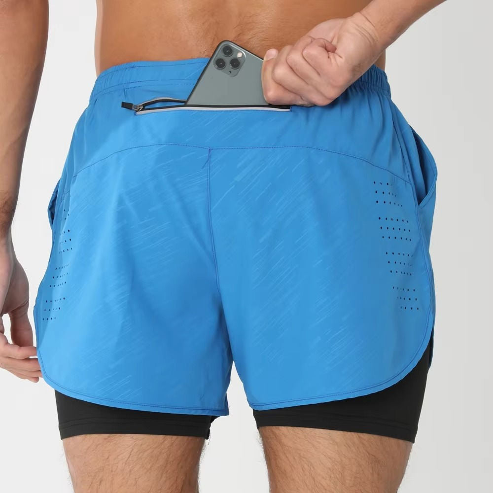 Men's dual-layer training shorts with phone pocket, quick-dry supportive liner for gym and swim