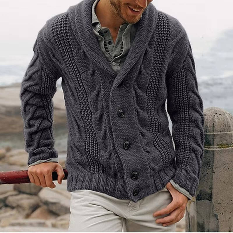 Men's cable knit cardigan sweater button front acrylic-wool blend office casual style