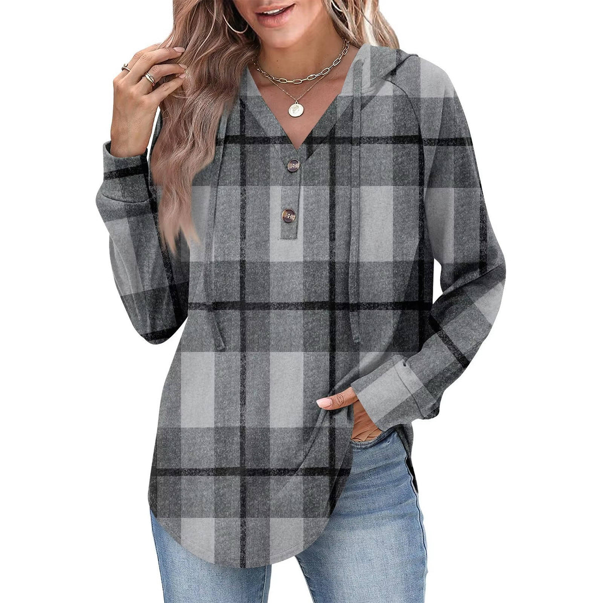 Women's cozy v-neck button hoodie sweatshirt with adjustable partial button detail for versatile everyday wear
