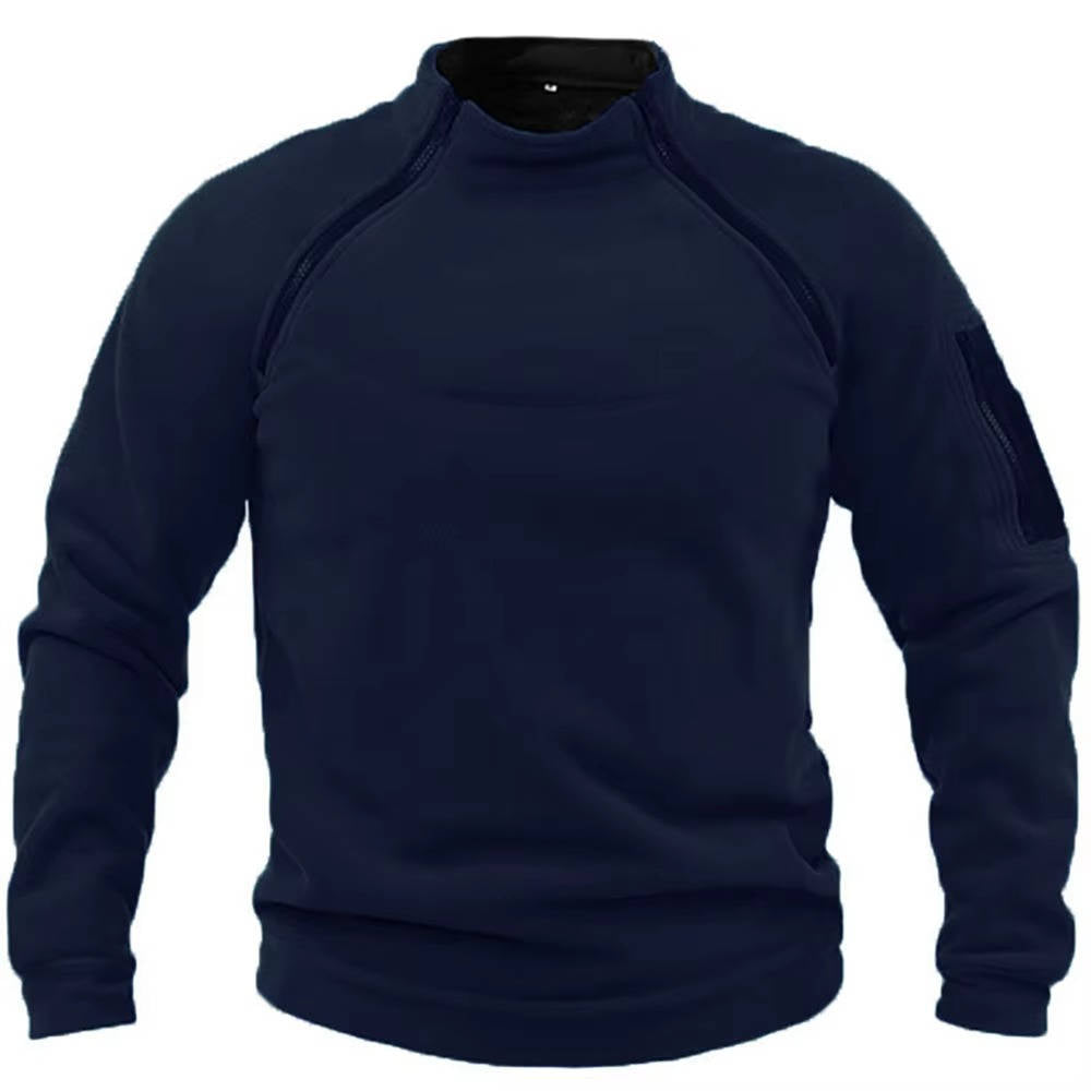 Olive green military tactical fleece pullover sweater with combat-inspired cut and quick-access pockets