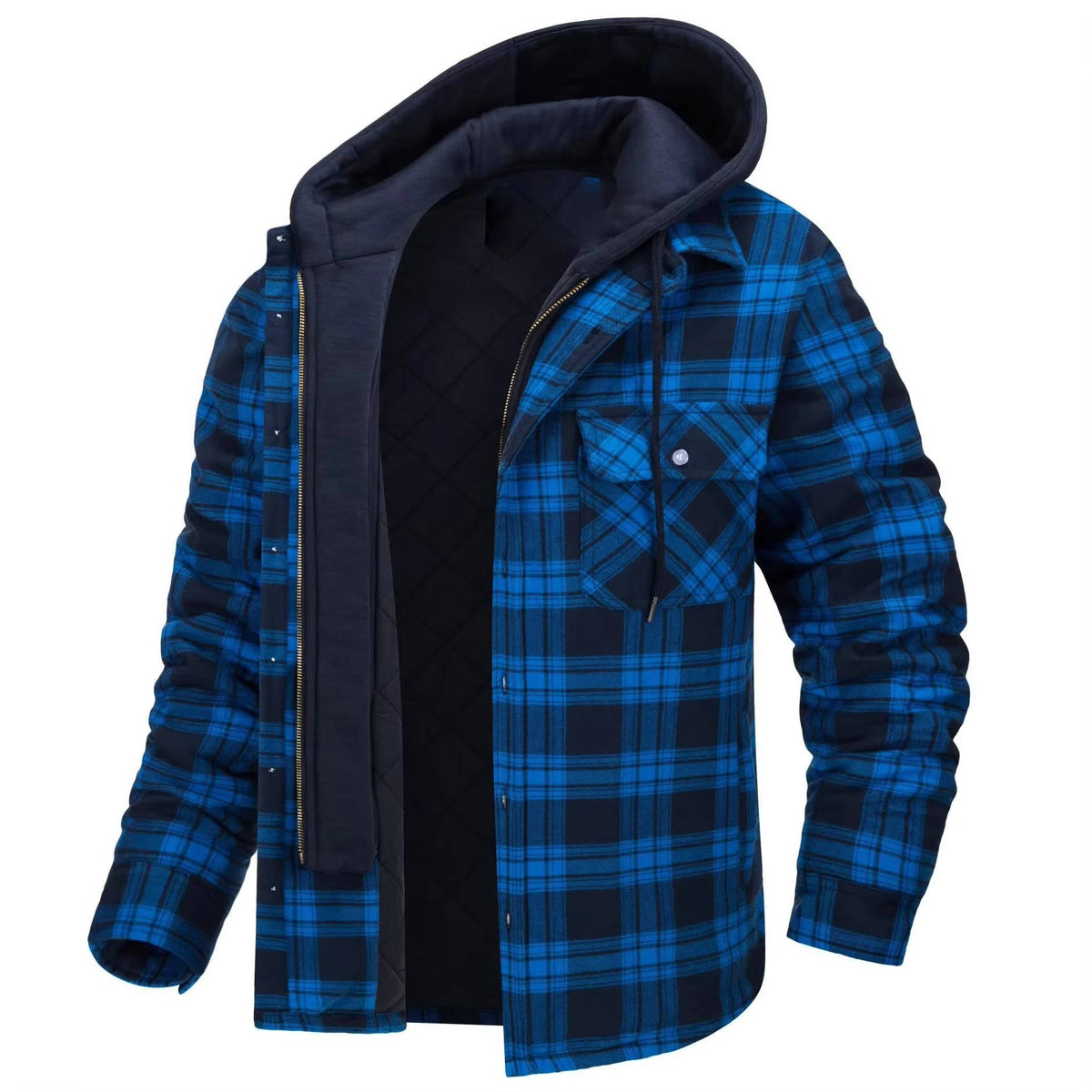 Men's plaid bomber jacket with hood, zip front, warm lining, and classic woven pattern for everyday style
