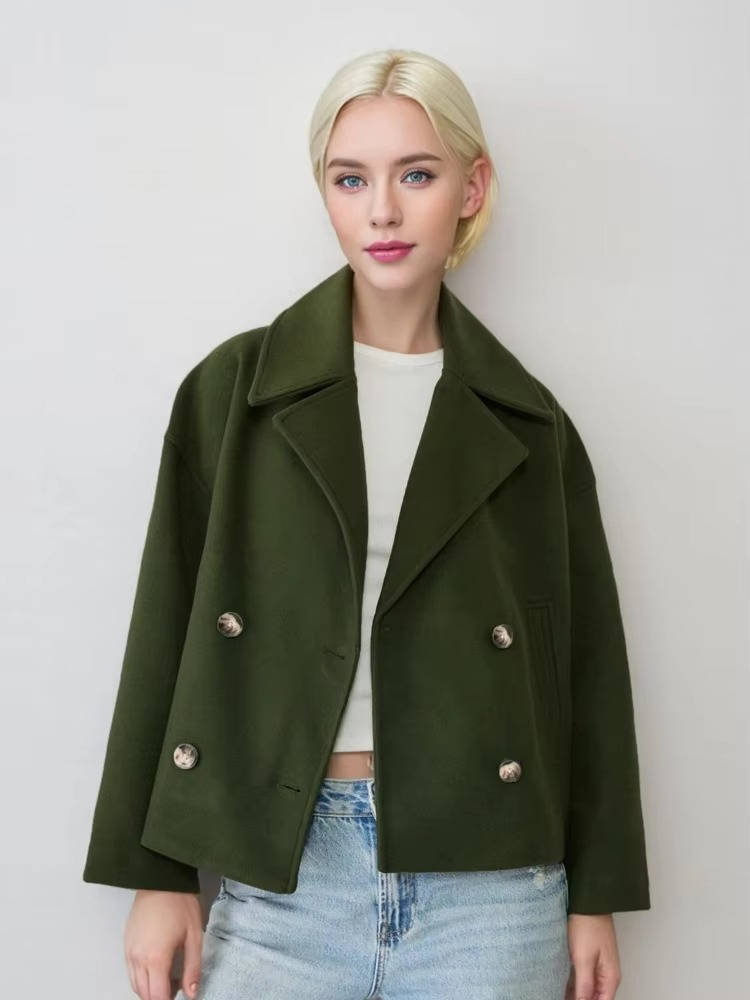 Women's cropped peacoat double-breasted chic structured outerwear in versatile neutral tones