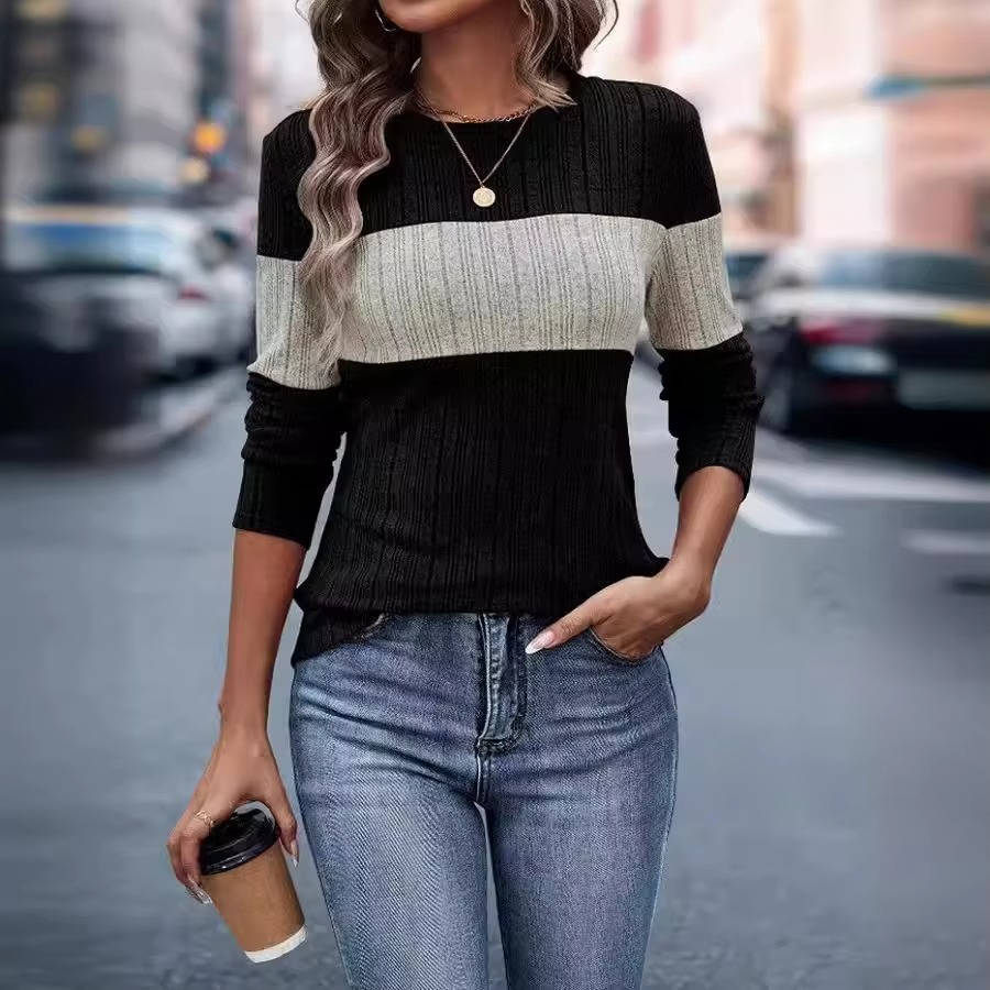 Women's soft knit relaxed sweater round neck long sleeve polyester-viscose stretch blend top