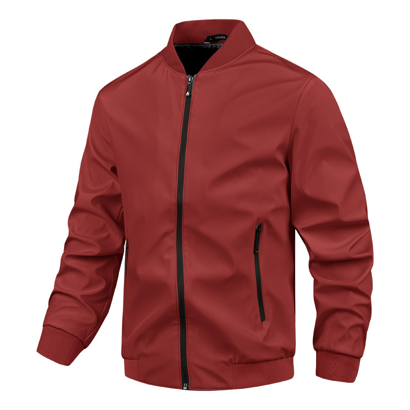 Men's black windproof stand collar jacket with zipper closure, slim urban fit for spring wear
