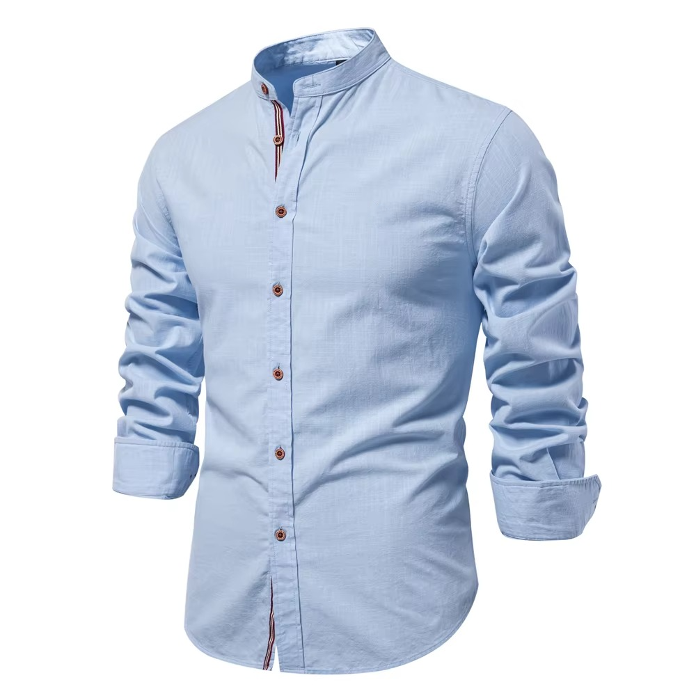 Men's slim fit mandarin collar button-down shirt, clean modern silhouette in cotton-linen blend