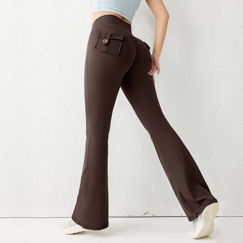 Women's high waist flared leggings with pockets, black, slim-fit silhouette for yoga and running
