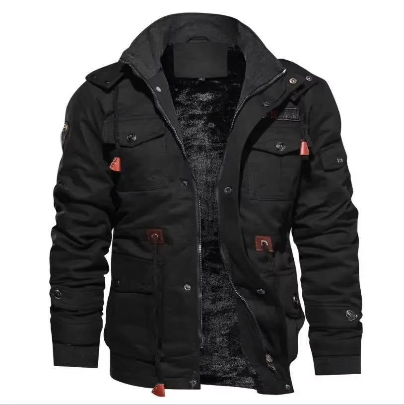 Men's tactical winter jacket with warm liner, cargo pockets, rugged polyester shell for outdoor use
