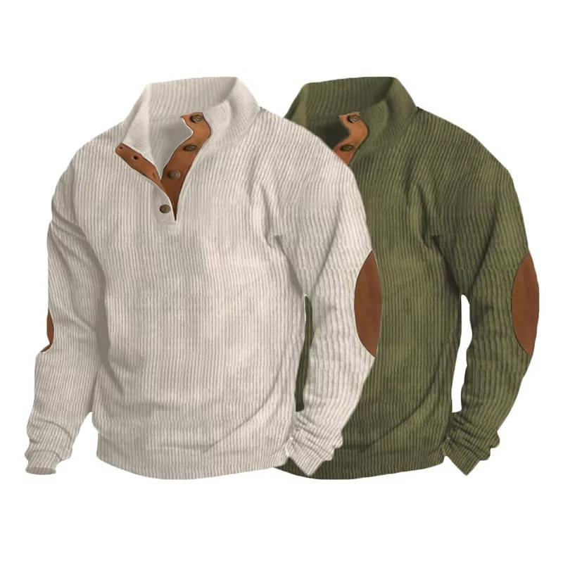 Mens Button Neck Pullover Sweater With Elbow Patches Casual Classic Knit Warm Everyday Wear