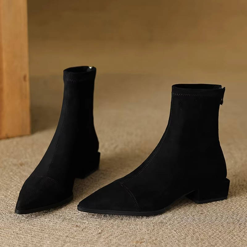 Women's suede ankle boots low heel in neutral tone, slip-on style with soft breathable suede upper
