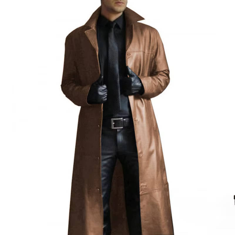 Men's brown vegan leather trench coat with windproof design and classic turn-down collar