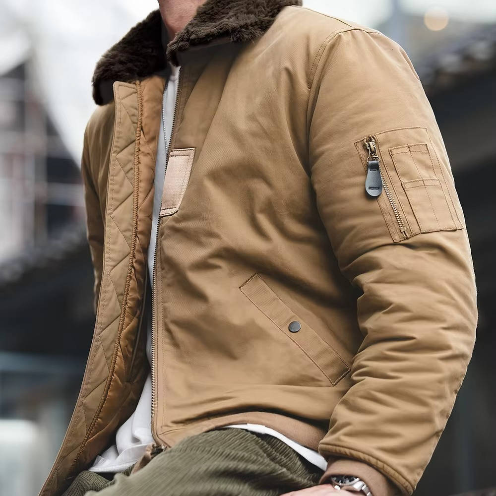 Men's windproof bomber jacket black cotton shell with faux rabbit fur collar by Wavlynn winter coat