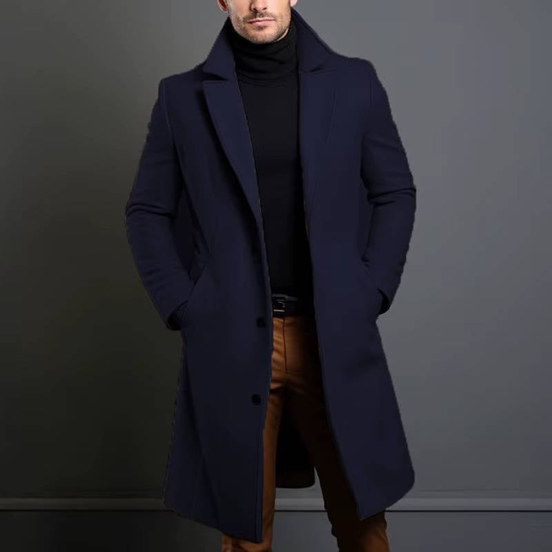 Men's classic single-breasted wool overcoat long formal casual coat timeless silhouette