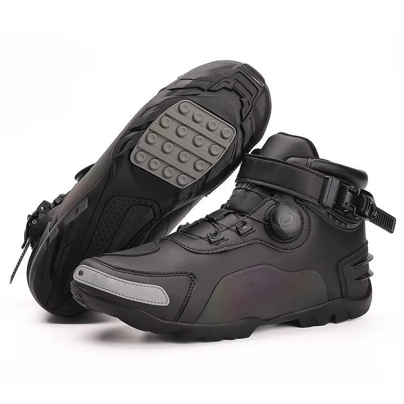 Black motorcycle sneakers with reinforced toe and ankle protection, casual streetwear style for men and women