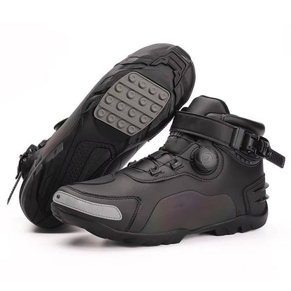 Black motorcycle sneakers with reinforced toe and ankle protection, casual streetwear style for men and women