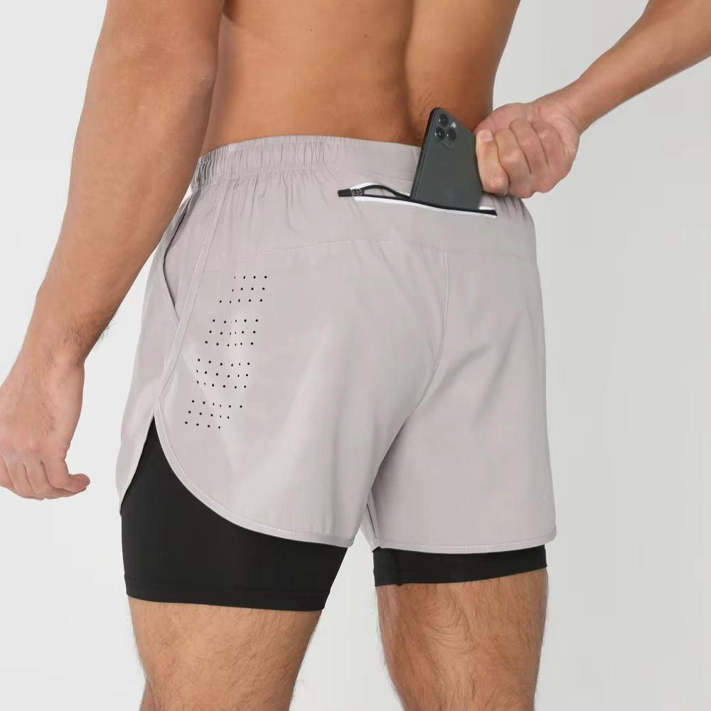 Men's dual-layer gym shorts with phone pocket, quick-dry fabric, supportive liner for training
