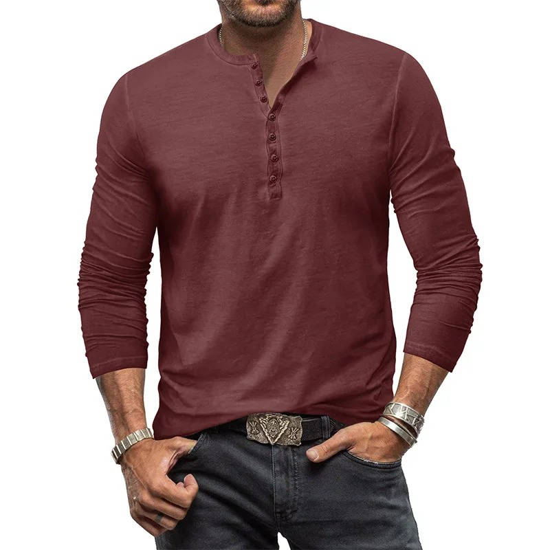 Men's white cotton long sleeve Henley shirt slim stretch fit with button placket for casual wear
