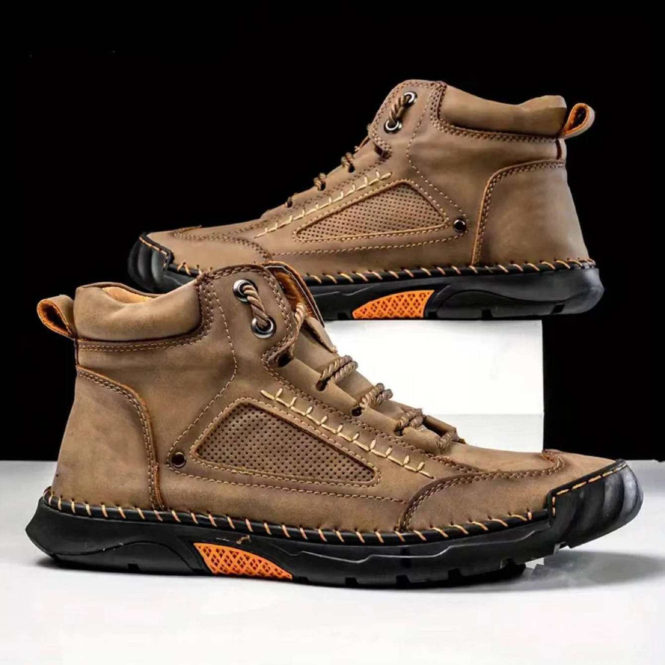 Men's brown waterproof leather hiking boots with comfort support, rugged sole, and all-day comfort design
