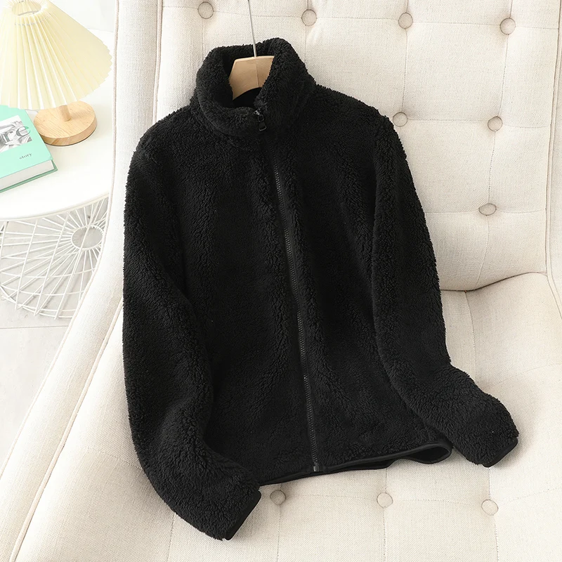 Women's reversible plush fleece jacket high neck zip-up relaxed fit winter layering piece