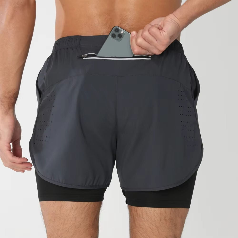 Men's dual-layer gym shorts with phone pocket, quick-dry supportive liner for swim, run and training