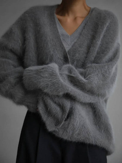 Women's fuzzy cropped cardigan soft plush knit cozy layer button-front relaxed silhouette