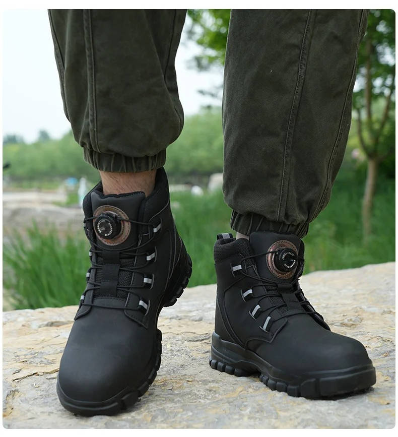 Men's brown leather steel toe work boots waterproof slip-resistant with puncture-proof sole