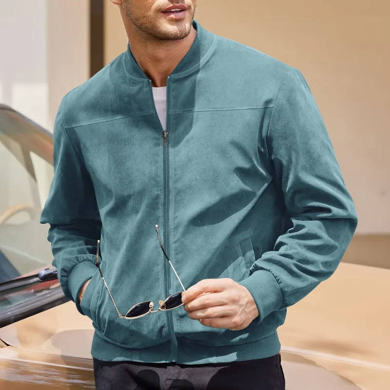 Men lightweight faux suede bomber jacket tailored silhouette versatile smart-casual everyday wear