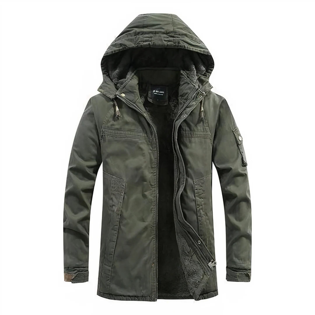 Men's fur-lined hooded jacket regular fit windproof zip front with multiple pockets for outdoor wear