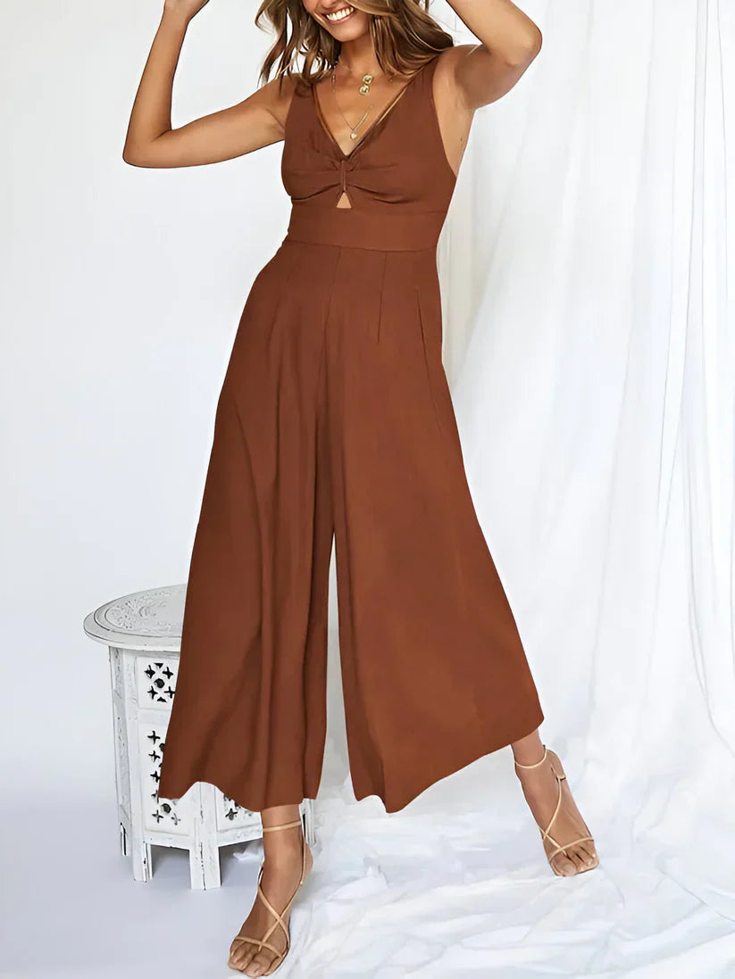 Navy blue sleeveless wide-leg jumpsuit with V-neck and high waist for women