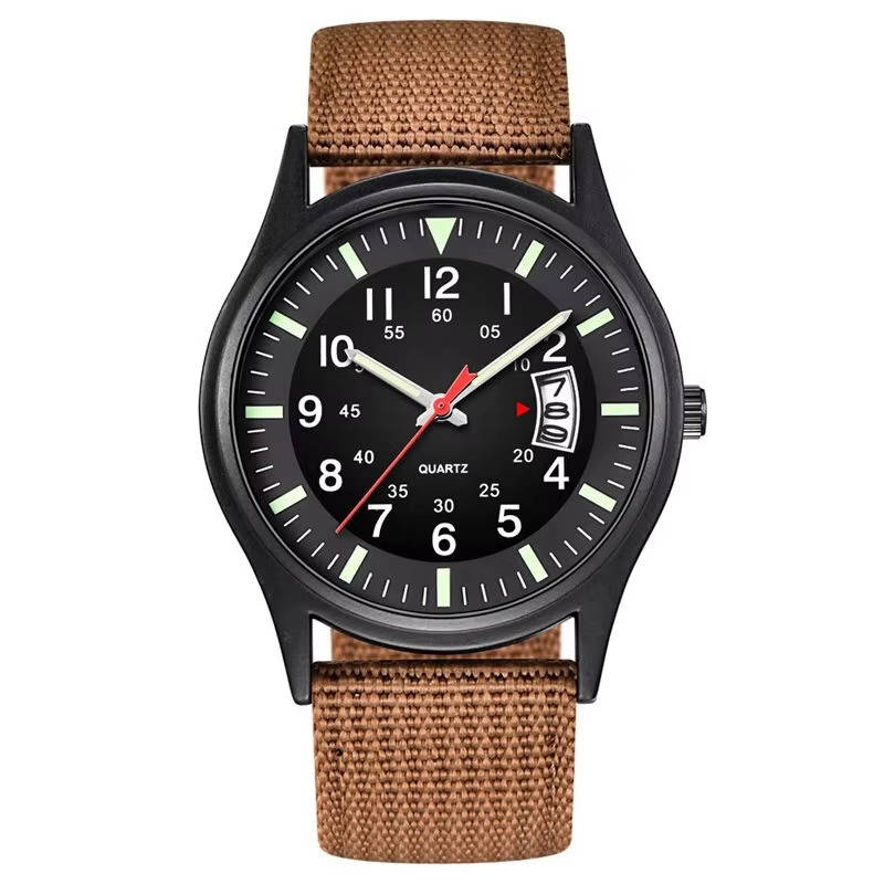 Tactical military quartz watch with durable nylon band, mineral glass face, rugged outdoor sport design