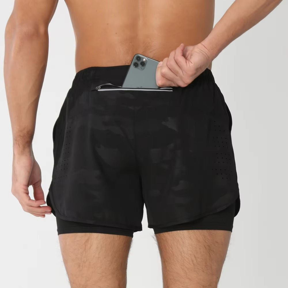 Men's dual-layer training shorts with phone pocket, quick-dry fabric for gym, swim, and run