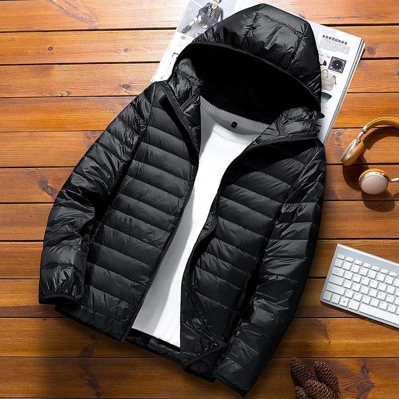 Men's slim fit hooded puffer jacket lightweight weather-resistant quilted outerwear in neutral tone