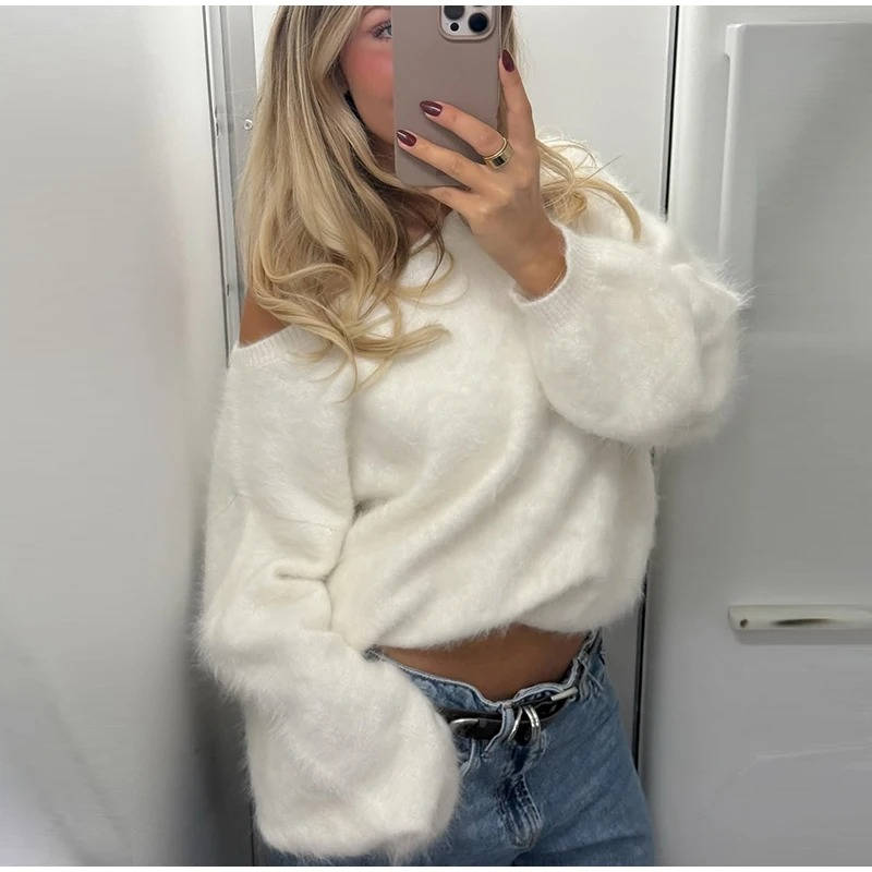 Women's cropped mohair blend fluffy fur sweater in cozy plush style with adjustable off-shoulder neckline