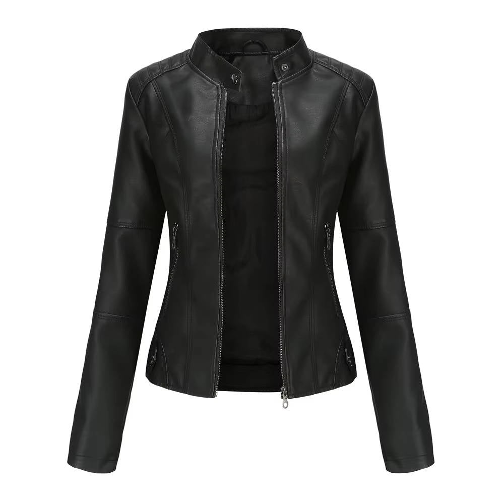 Women's slim fit black leather jacket with soft polyester lining, flattering everyday chic silhouette